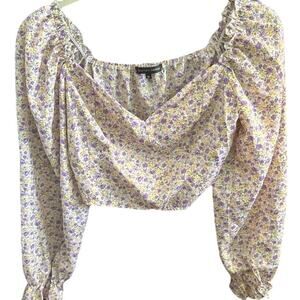 Women Floral Blouse Crop Top Long Sleeve Elastic Purple Flower Sweetheart Neck M